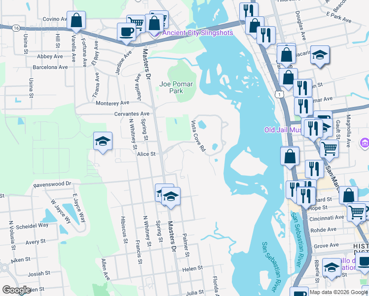 map of restaurants, bars, coffee shops, grocery stores, and more near 5229 Drury Lane in St. Augustine