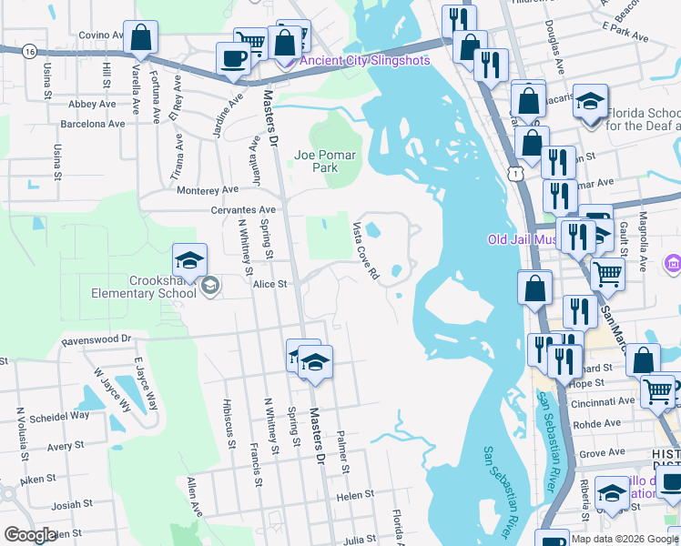 map of restaurants, bars, coffee shops, grocery stores, and more near 5229 Drury Lane in St. Augustine