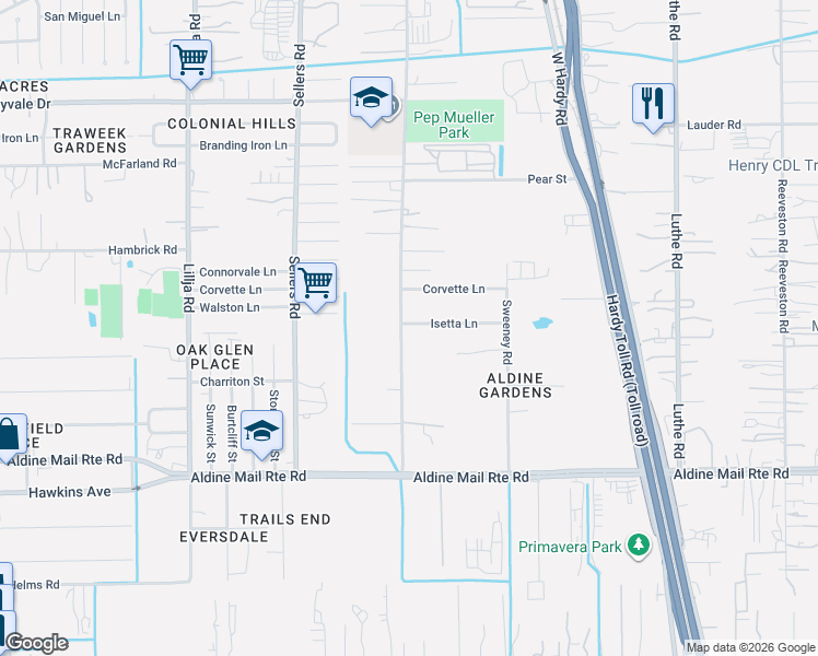 map of restaurants, bars, coffee shops, grocery stores, and more near 808 Isetta Lane in Houston