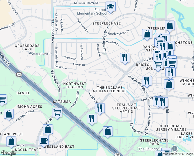 map of restaurants, bars, coffee shops, grocery stores, and more near 180 Castlegate Lane in Houston