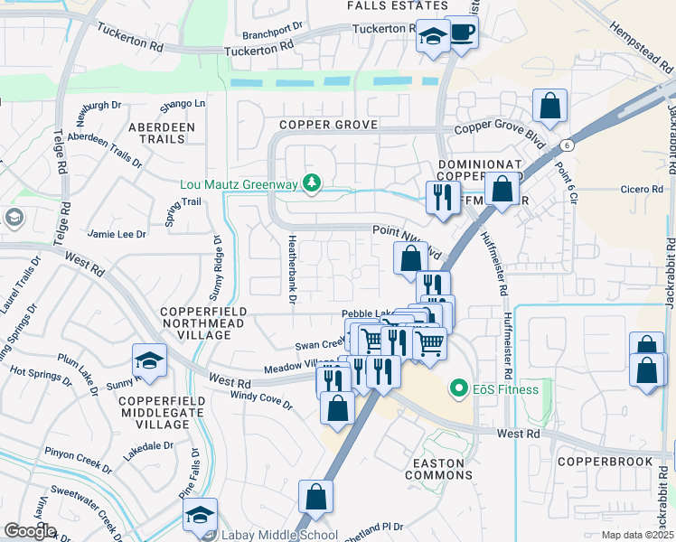 map of restaurants, bars, coffee shops, grocery stores, and more near 15455 northwest blvd dr in Houston