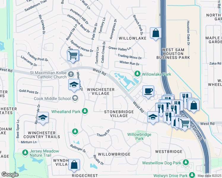 map of restaurants, bars, coffee shops, grocery stores, and more near 9303 Stoney Lake Drive in Houston