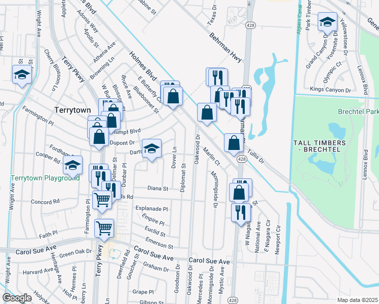 map of restaurants, bars, coffee shops, grocery stores, and more near 2137 Deerfield Road in Terrytown