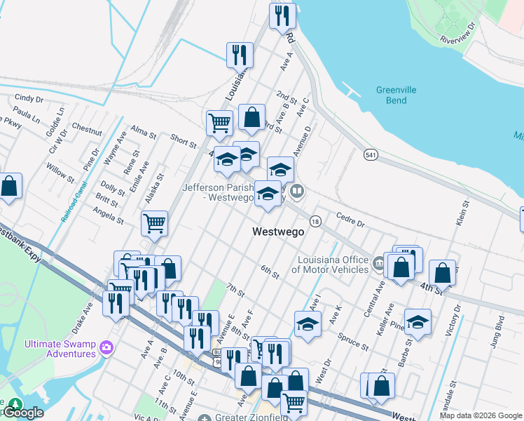 map of restaurants, bars, coffee shops, grocery stores, and more near 401 5th Street in Westwego