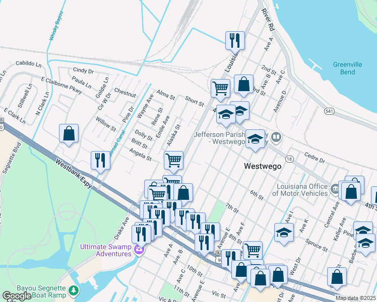 map of restaurants, bars, coffee shops, grocery stores, and more near 165 Louisiana Street in Westwego