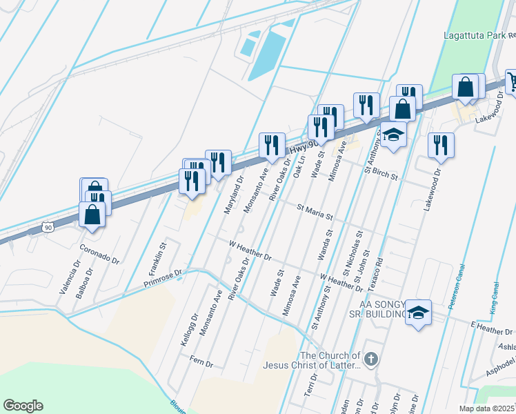 map of restaurants, bars, coffee shops, grocery stores, and more near 209 Monsanto Avenue in Luling