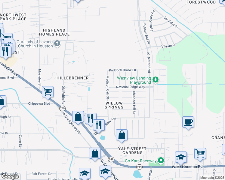 map of restaurants, bars, coffee shops, grocery stores, and more near 2938 Valiant Scene Court in Houston