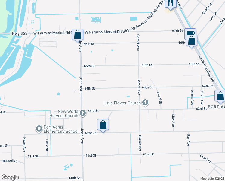 map of restaurants, bars, coffee shops, grocery stores, and more near 2696 64th Street in Port Arthur