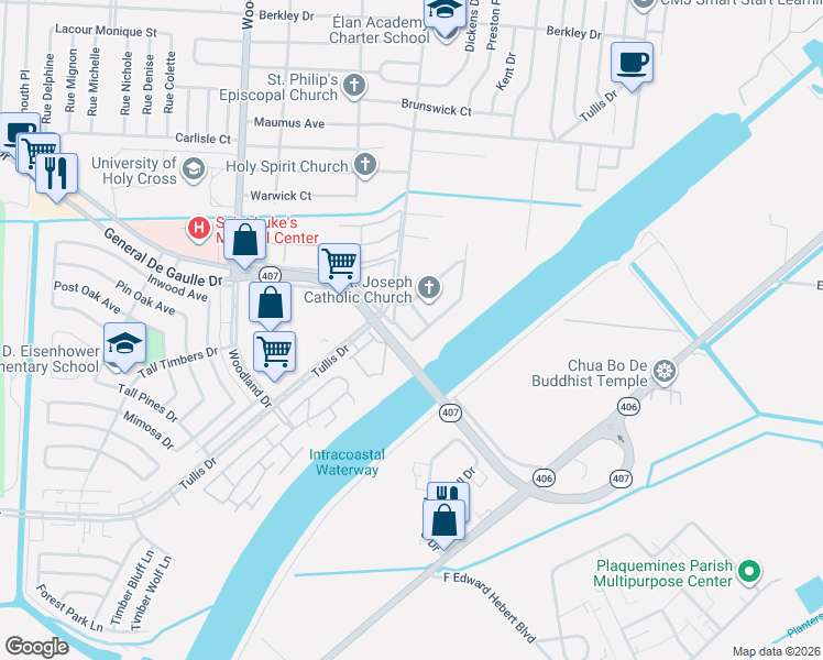 map of restaurants, bars, coffee shops, grocery stores, and more near 6440 Woodland Highway in New Orleans