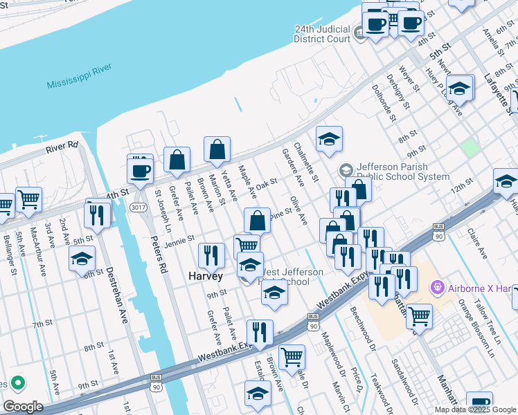 map of restaurants, bars, coffee shops, grocery stores, and more near 539 Maple Avenue in Harvey