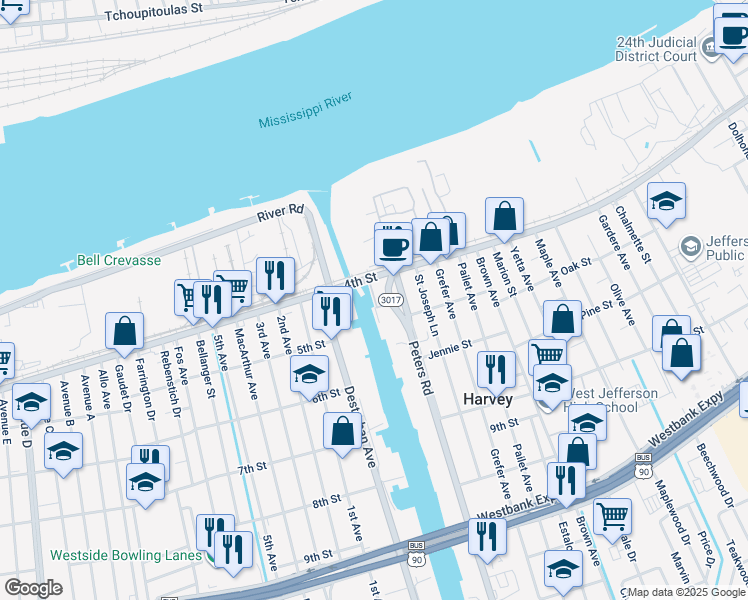 map of restaurants, bars, coffee shops, grocery stores, and more near 405 Texaco Lane in Harvey