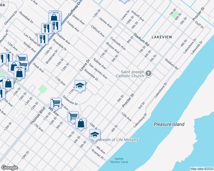 map of restaurants, bars, coffee shops, grocery stores, and more near 4049 7th Street in Port Arthur