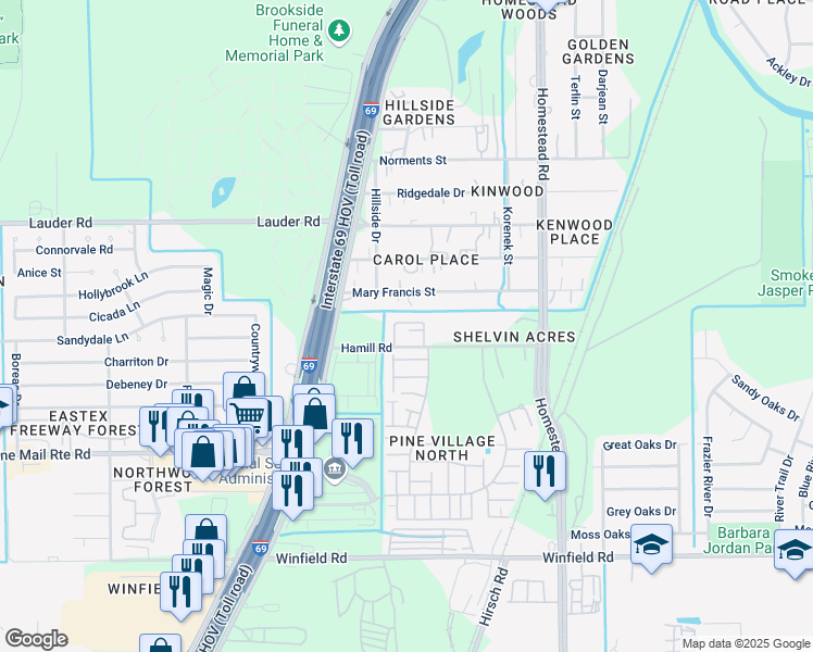 map of restaurants, bars, coffee shops, grocery stores, and more near 5601 Hamill Road in Houston