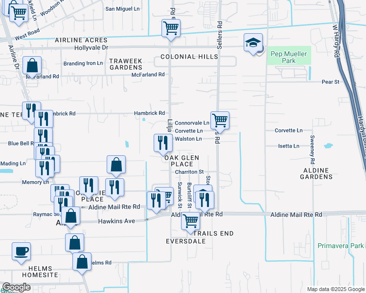 map of restaurants, bars, coffee shops, grocery stores, and more near 14226 Sunwick Street in Houston