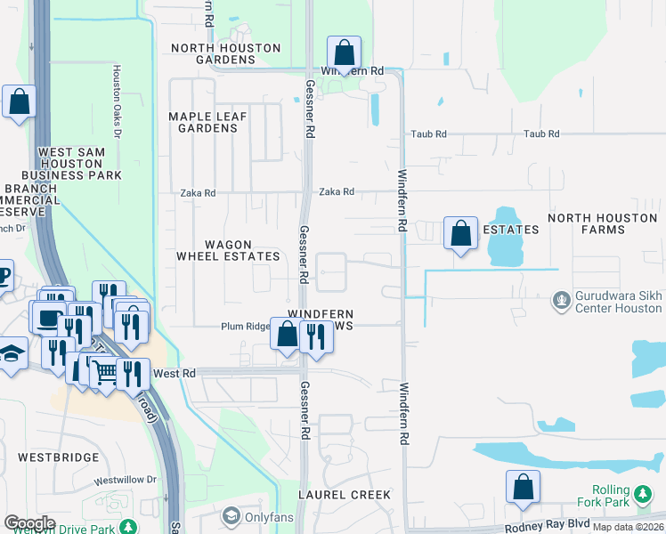 map of restaurants, bars, coffee shops, grocery stores, and more near 9443 Ratama Creek Lane in Houston