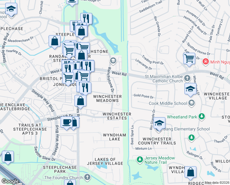 map of restaurants, bars, coffee shops, grocery stores, and more near 9018 Fawnshadow Court in Houston