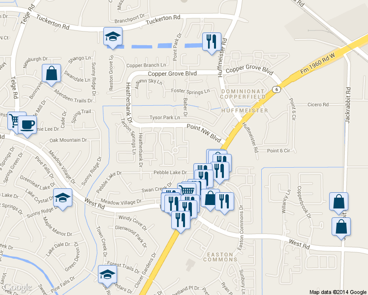map of restaurants, bars, coffee shops, grocery stores, and more near Unnamed Road in Houston