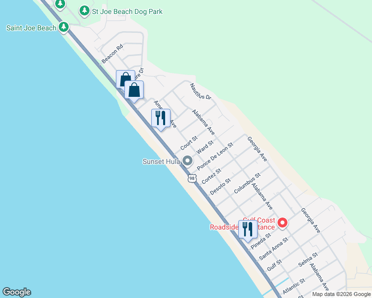 map of restaurants, bars, coffee shops, grocery stores, and more near 100 Court Street in Port Saint Joe