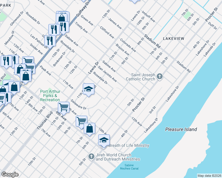 map of restaurants, bars, coffee shops, grocery stores, and more near 801 Rosedale Drive in Port Arthur