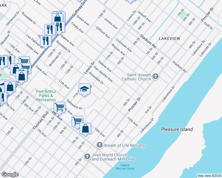 map of restaurants, bars, coffee shops, grocery stores, and more near 801 Rosedale Drive in Port Arthur