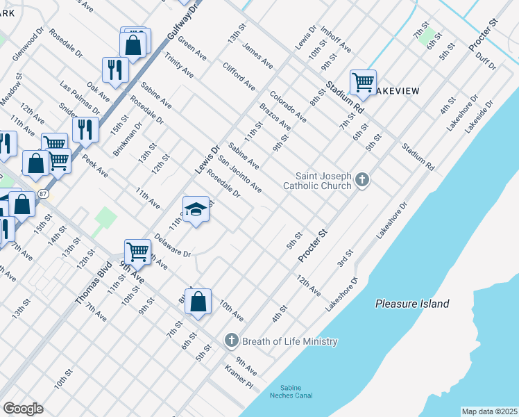 map of restaurants, bars, coffee shops, grocery stores, and more near 735 Rosedale Drive in Port Arthur