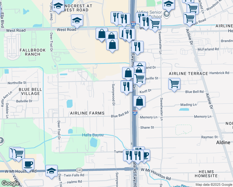 map of restaurants, bars, coffee shops, grocery stores, and more near 9826 Sunnywood Drive in Houston