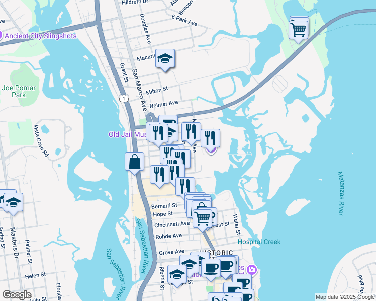 map of restaurants, bars, coffee shops, grocery stores, and more near 10 Magnolia Avenue in St. Augustine