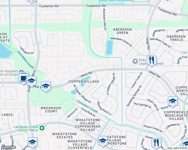 map of restaurants, bars, coffee shops, grocery stores, and more near 16410 Torry View Terrace in Houston