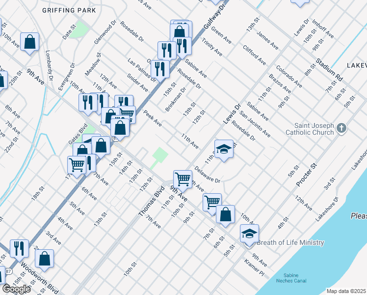 map of restaurants, bars, coffee shops, grocery stores, and more near 1221 Delaware Drive in Port Arthur