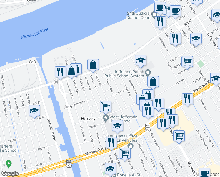 map of restaurants, bars, coffee shops, grocery stores, and more near 500 Maple Avenue in Harvey