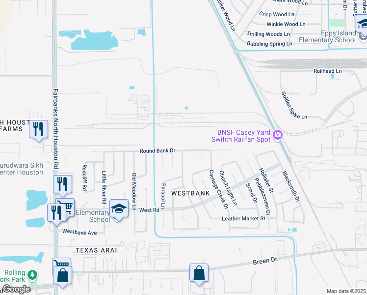 map of restaurants, bars, coffee shops, grocery stores, and more near 8623 Lamppost Lane in Houston