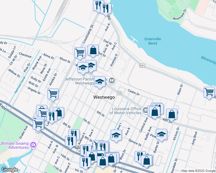 map of restaurants, bars, coffee shops, grocery stores, and more near 701 4th Street in Westwego