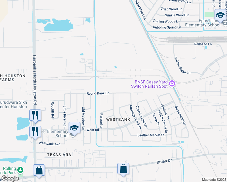 map of restaurants, bars, coffee shops, grocery stores, and more near 8623 Lamppost Lane in Houston