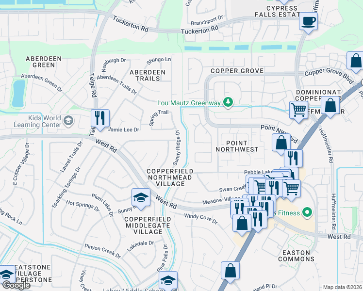 map of restaurants, bars, coffee shops, grocery stores, and more near 8634 Sunny Ridge Drive in Houston