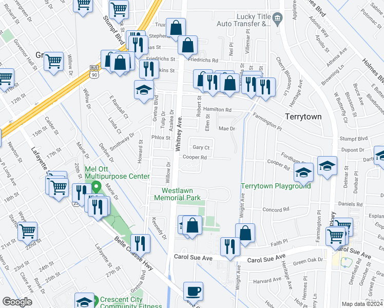 map of restaurants, bars, coffee shops, grocery stores, and more near 1621 Cooper Road in Terrytown