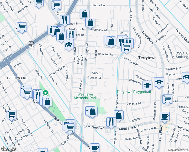 map of restaurants, bars, coffee shops, grocery stores, and more near 2200 Cooper Road in Terrytown
