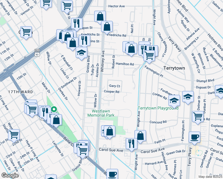 map of restaurants, bars, coffee shops, grocery stores, and more near 2200 Cooper Road in Terrytown