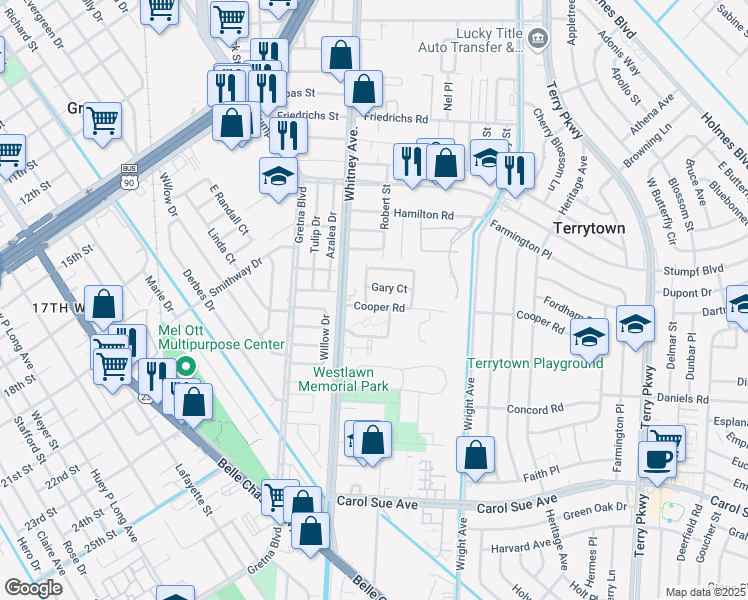 map of restaurants, bars, coffee shops, grocery stores, and more near 2200 Cooper Road in Terrytown