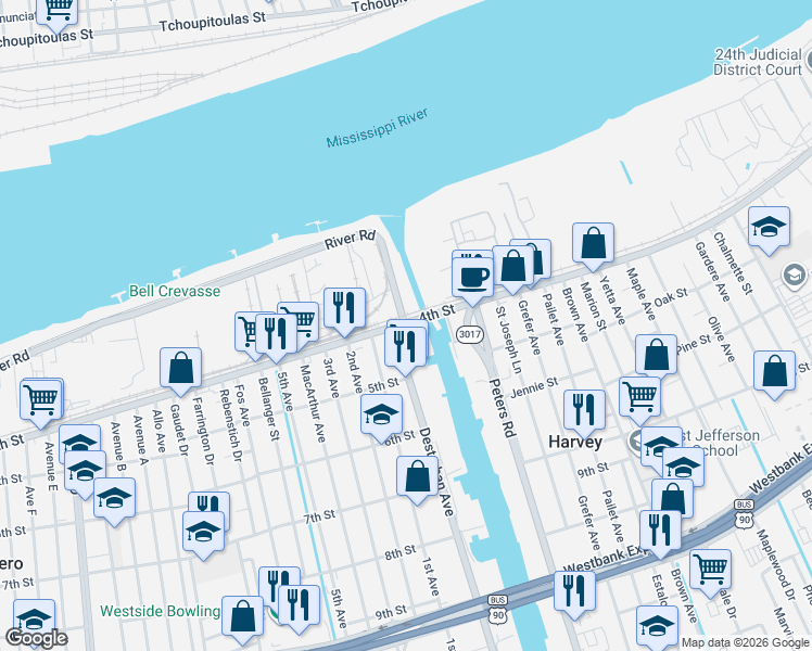 map of restaurants, bars, coffee shops, grocery stores, and more near 404 Destrehan Avenue in Harvey