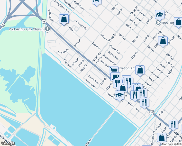 map of restaurants, bars, coffee shops, grocery stores, and more near 3134 Ozark Avenue in Port Arthur