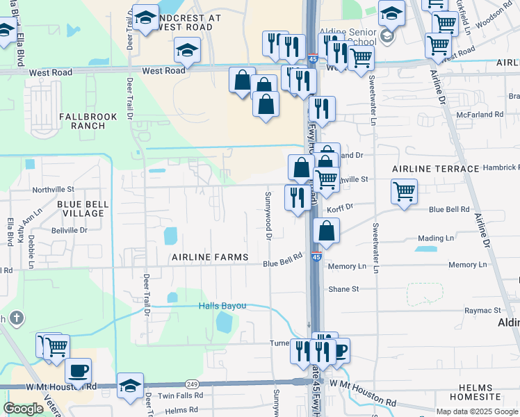 map of restaurants, bars, coffee shops, grocery stores, and more near 9826 Sunnywood Drive in Houston