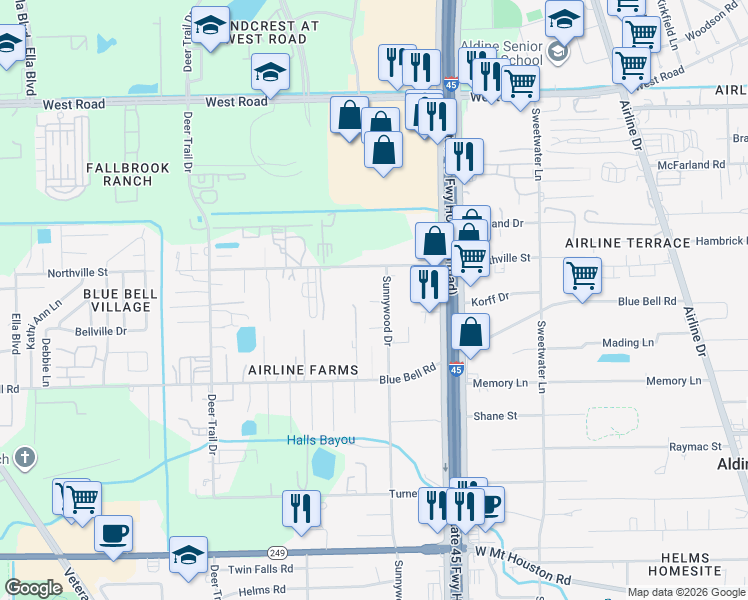 map of restaurants, bars, coffee shops, grocery stores, and more near 9819 Marek Drive in Houston