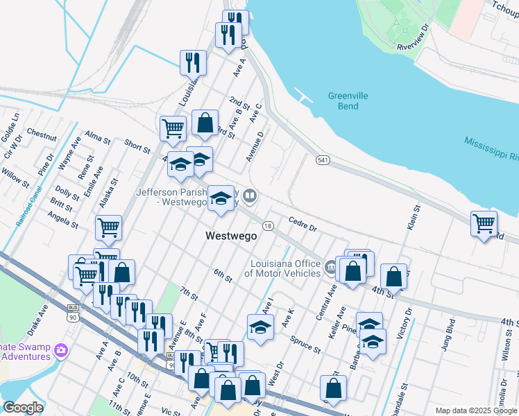 map of restaurants, bars, coffee shops, grocery stores, and more near 701 4th Street in Westwego