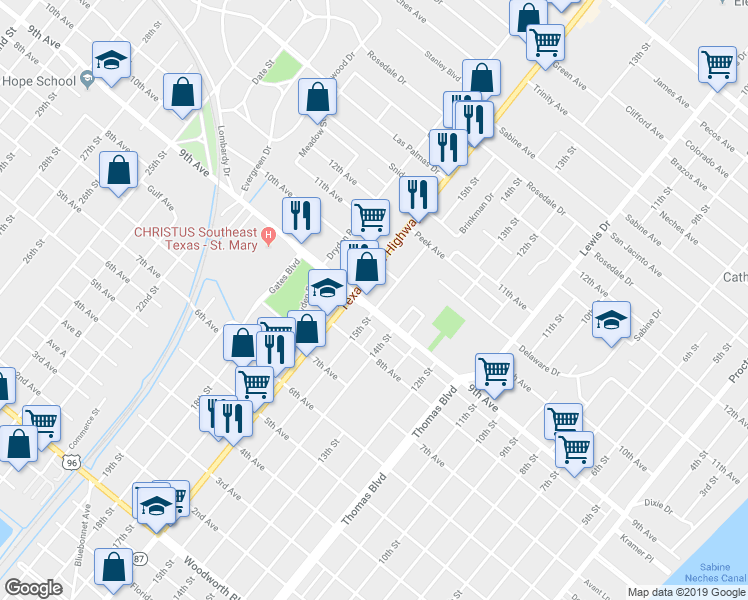 map of restaurants, bars, coffee shops, grocery stores, and more near 1600 9th Avenue in Port Arthur