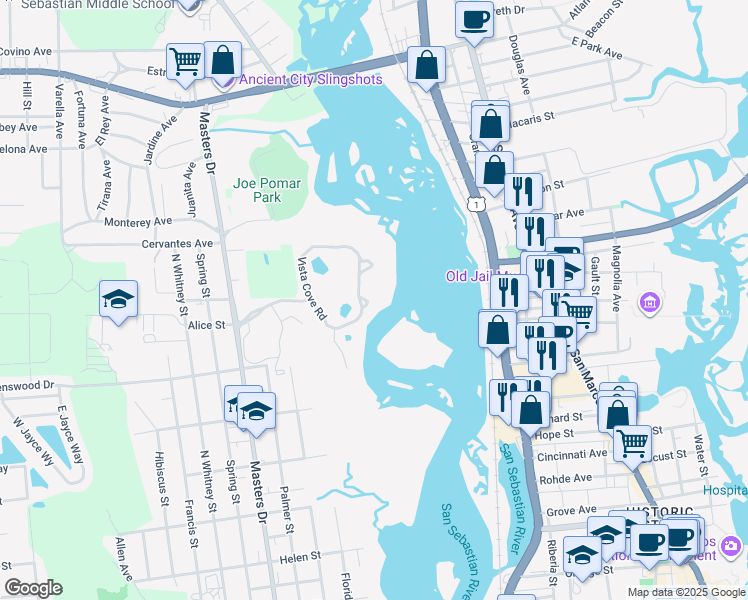 map of restaurants, bars, coffee shops, grocery stores, and more near 2506 Vista Cove Road in St. Augustine