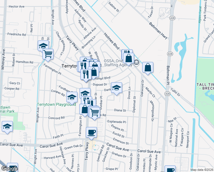 map of restaurants, bars, coffee shops, grocery stores, and more near 2026 Dartmouth Street in Terrytown