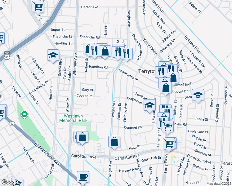 map of restaurants, bars, coffee shops, grocery stores, and more near 601 Wright Avenue in Terrytown