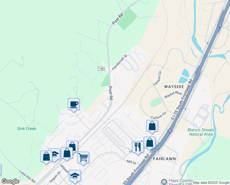 map of restaurants, bars, coffee shops, grocery stores, and more near 1800 Post Road in San Marcos