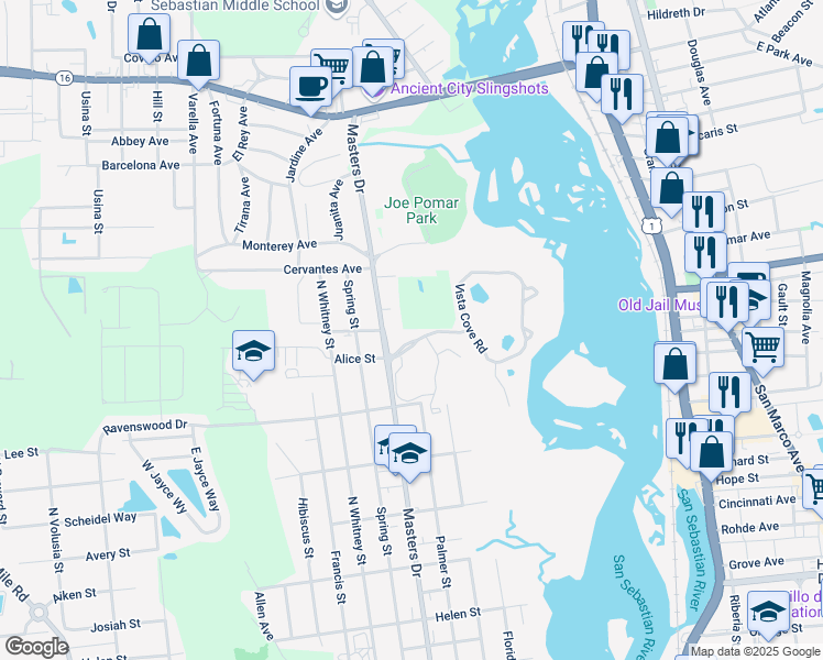 map of restaurants, bars, coffee shops, grocery stores, and more near 2916 Vista Cove Road in St. Augustine
