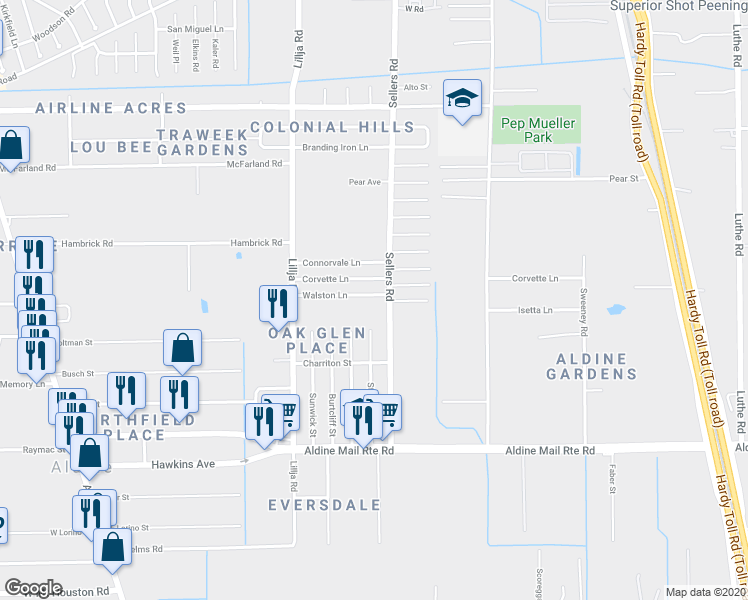 map of restaurants, bars, coffee shops, grocery stores, and more near 634 Walston Lane in Houston